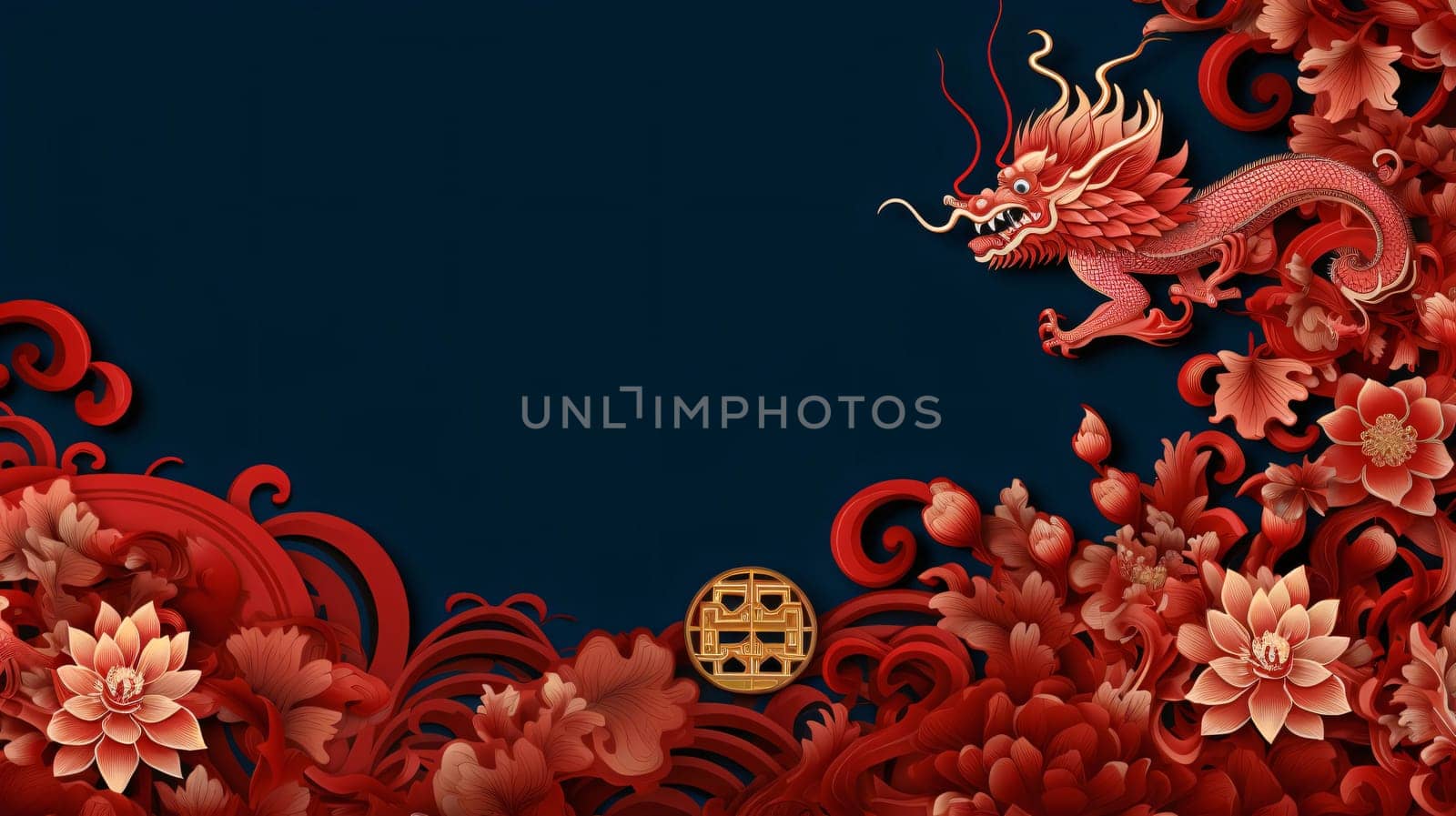 Chinese red dragon and cherry blossoms, dark blue background. Banner with space for your own content. Blank space for the inscription. Chinese New Year celebrations. A time of celebration and resolutions.