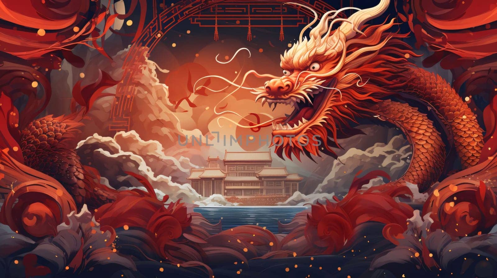 Chinese red dragon. Banner with space for your own content. Blank space for the inscription. Chinese New Year celebrations. A time of celebration and resolutions.