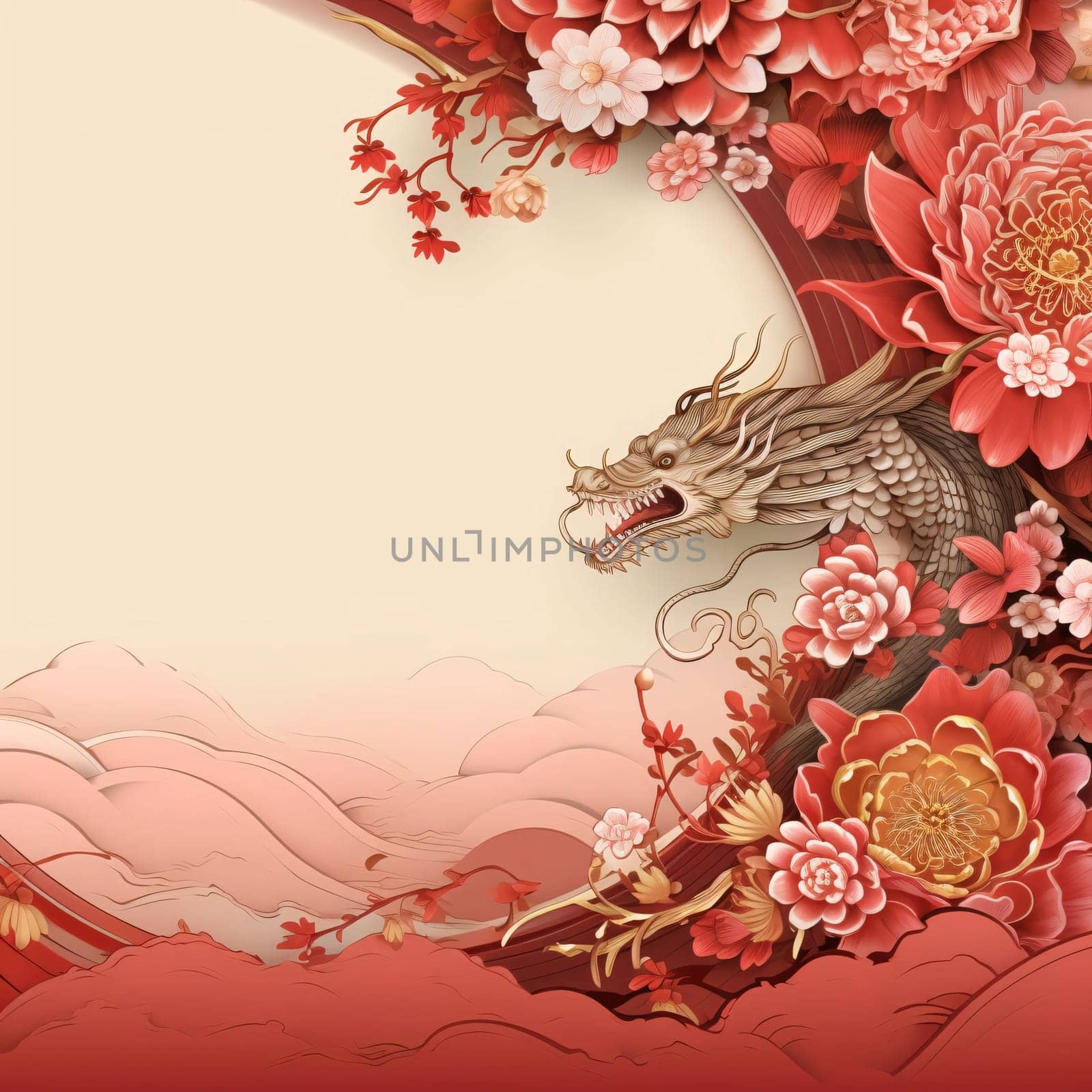 Pink card with a dragon and cherry blossoms. Banner with space for your own content. Blank space for the inscription. Chinese New Year celebrations. A time of celebration and resolutions.