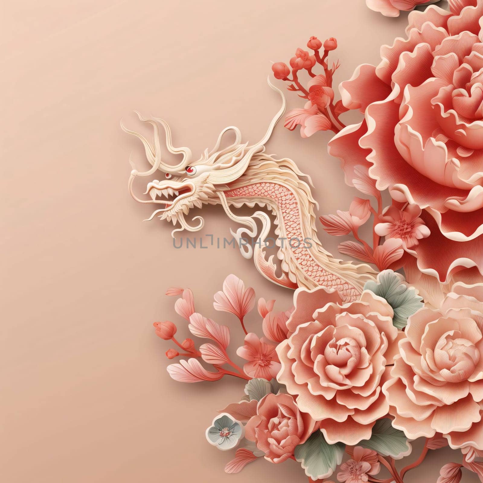 Pink card with a dragon and cherry blossoms. Banner with space for your own content. Blank space for the inscription. Chinese New Year celebrations. A time of celebration and resolutions.