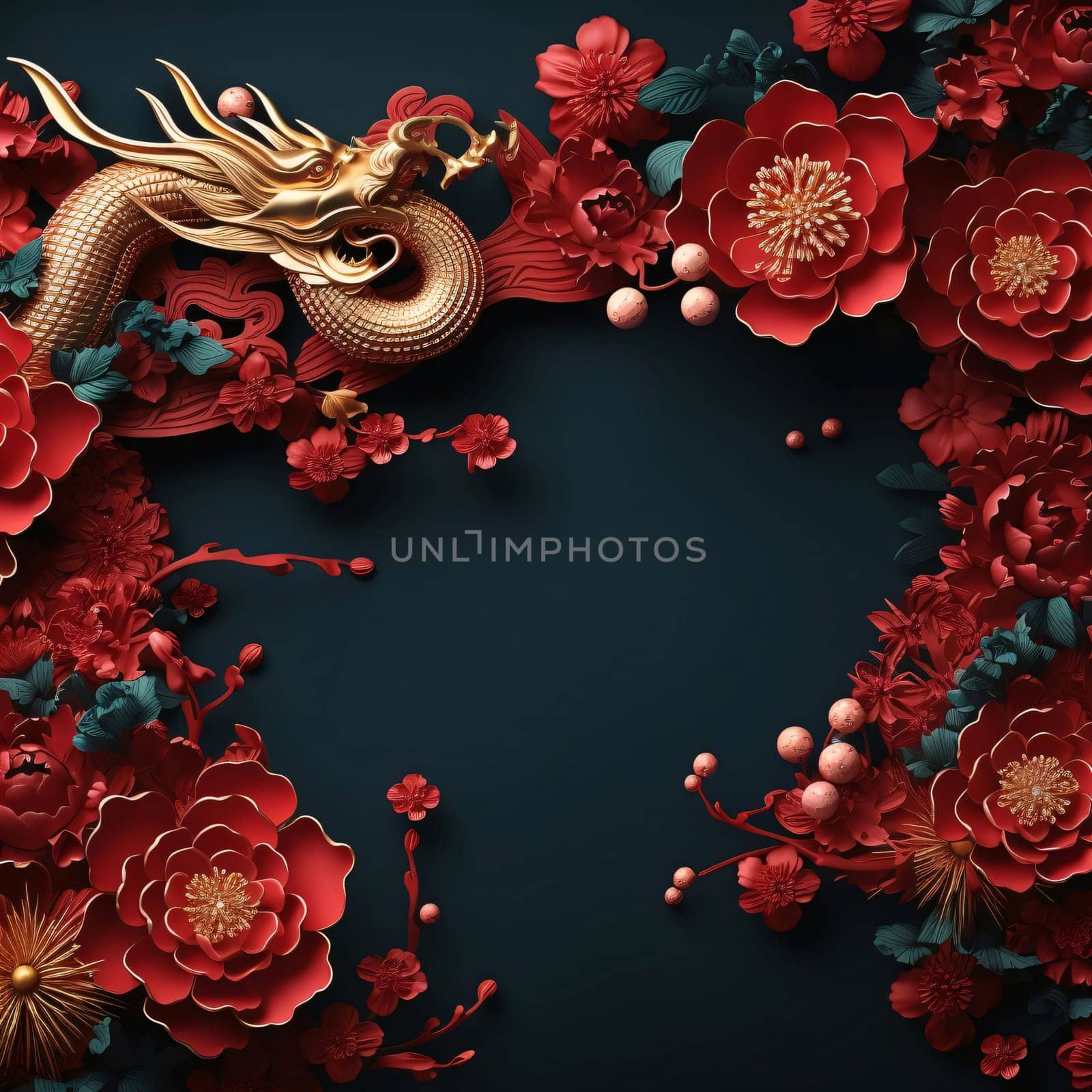 Dark card with cherry blossoms and a golden dragon. Banner with space for your own content. Blank space for the inscription. Chinese New Year celebrations. A time of celebration and resolutions.