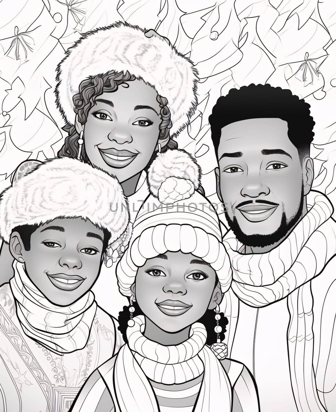 Black and White coloring page, black family wearing hats and scarves. Celebrating Black History Month! by ThemesS