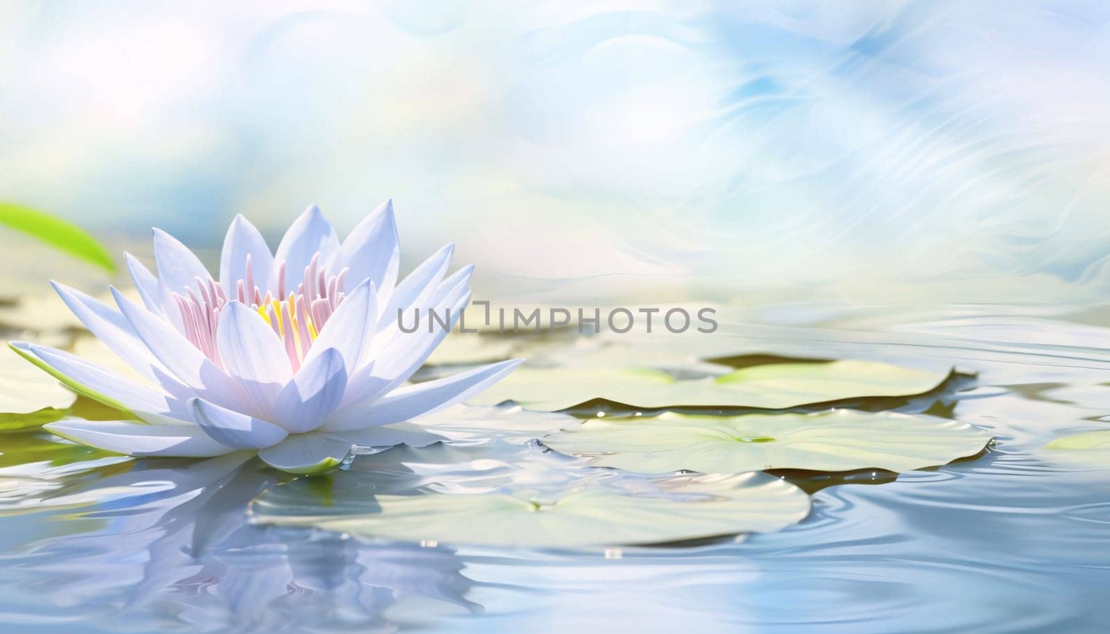 Blue water lily on water with green leaves, banner, space for your own content. Flowering flowers, a symbol of spring, new life. A joyful time of nature waking up to life.
