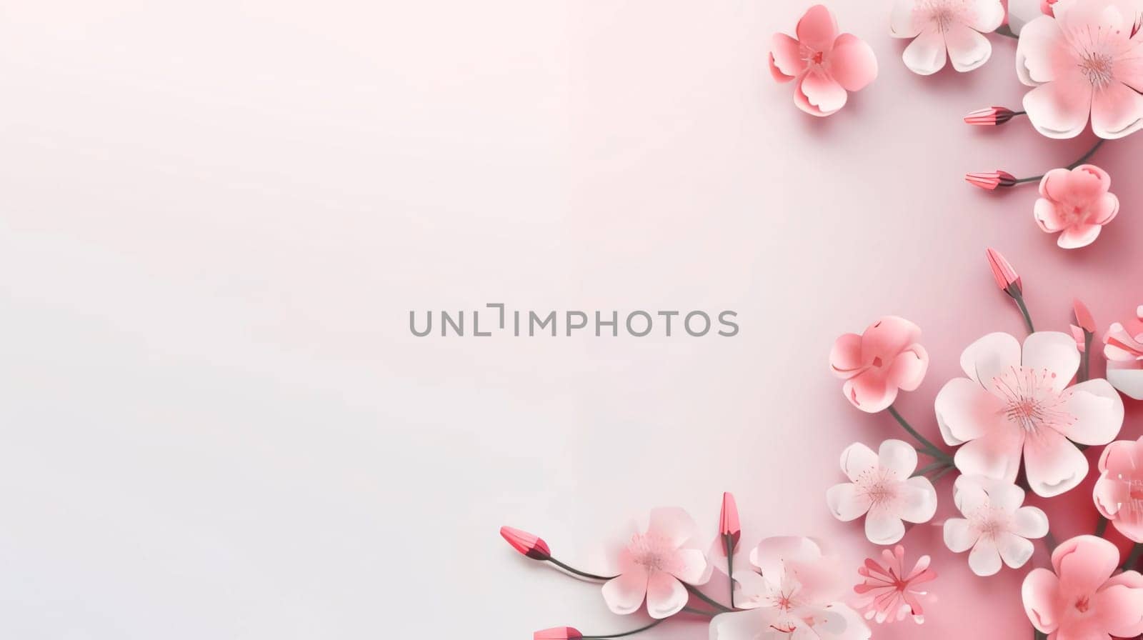 Bright blank background with space for your own content, banner. On the side decorations with pink cherry blossoms. Flowering flowers, a symbol of spring, new life. A joyful time of nature awakening to life.