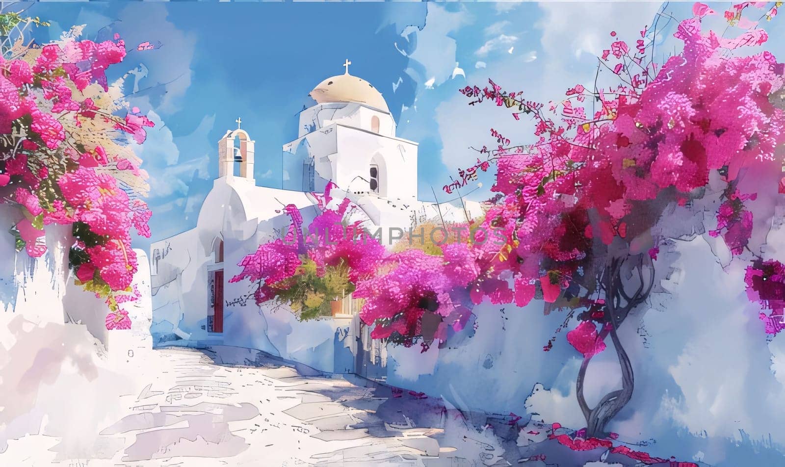 Greece, white walls of the house, decorations of pink flowers. Flowering flowers, a symbol of spring, new life. A joyful time of nature awakening to life.