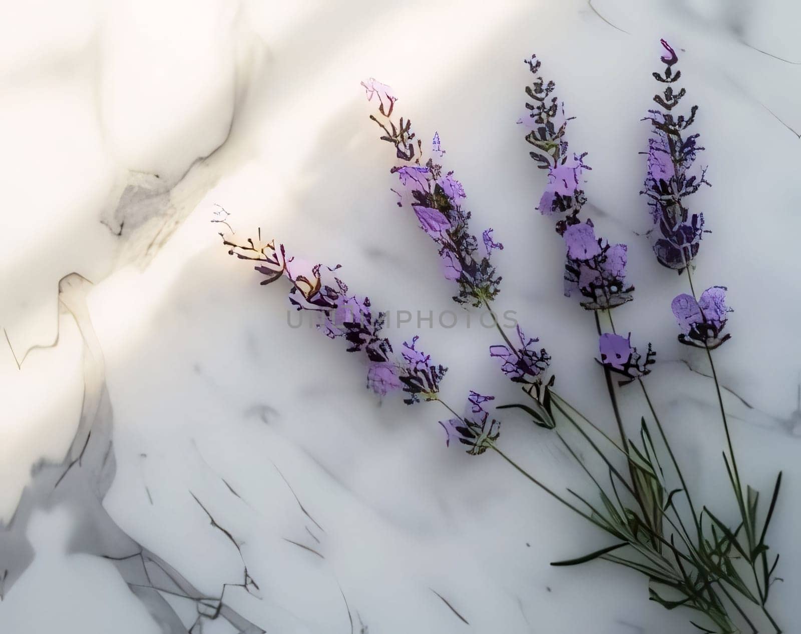 Bouquet of lavender flowers lying on a marble background. Flowering flowers, a symbol of spring, new life. A joyful time of nature awakening to life.