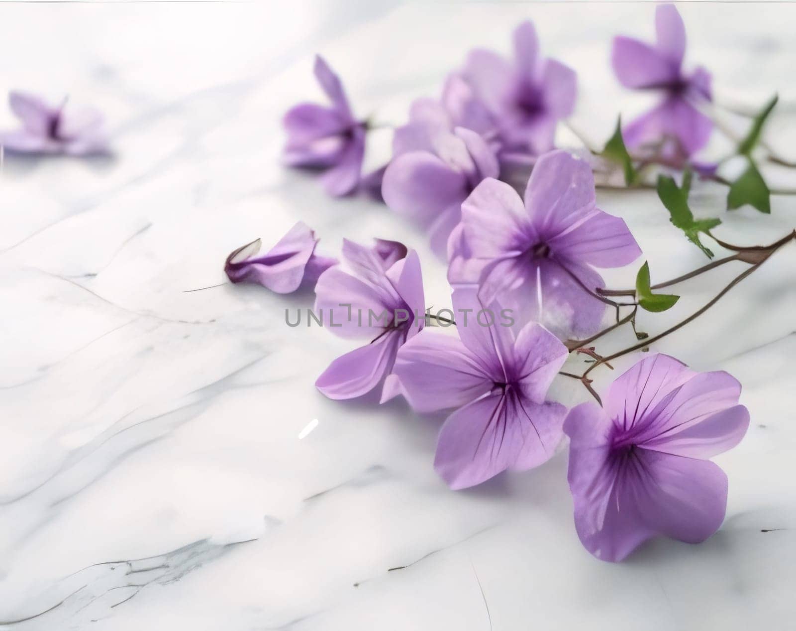 Purple flowers lying on a marble background. Flowering flowers, a symbol of spring, new life. A joyful time of nature awakening to life.