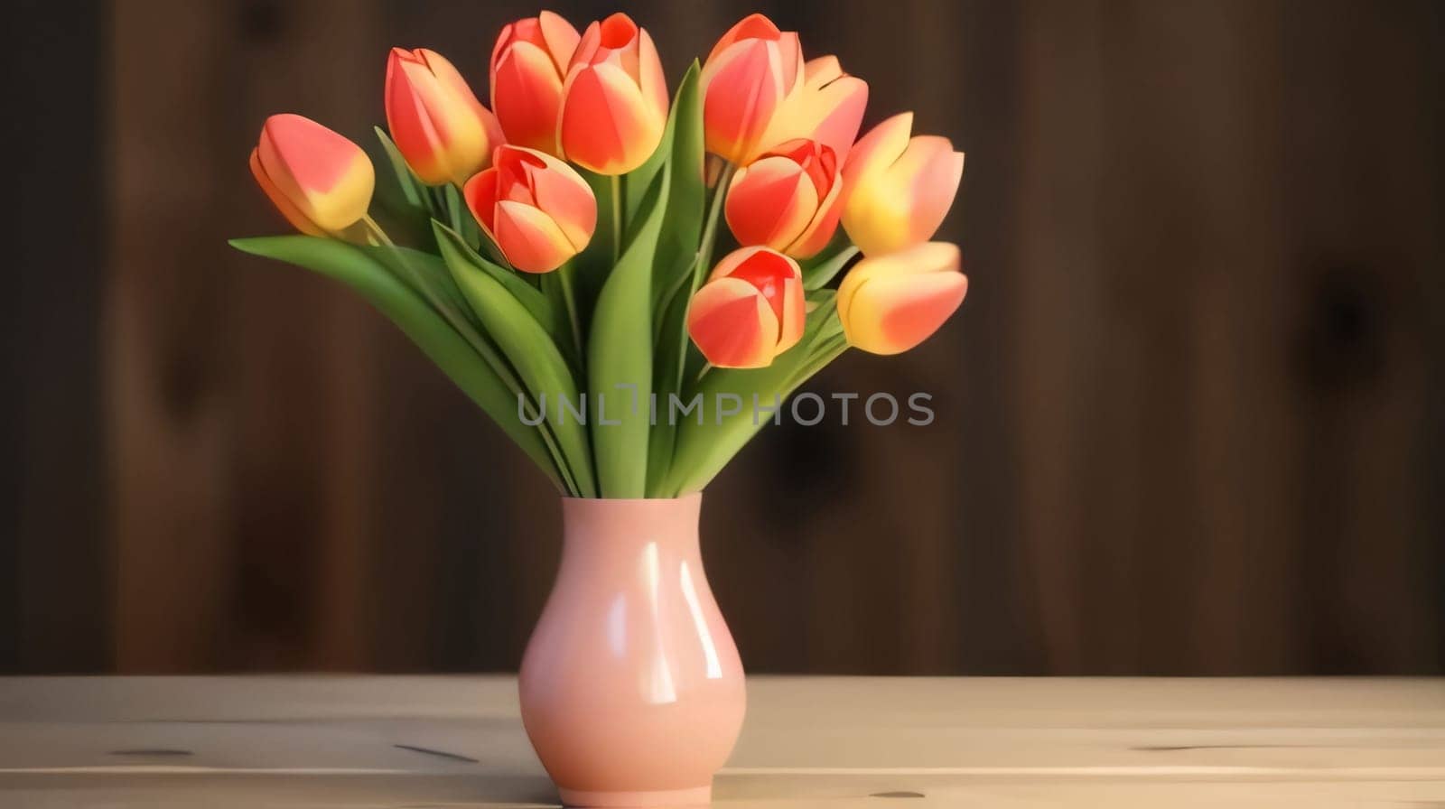 Banner, wooden boards and red tulips in a vase, space for your own content. Flowering flowers, a symbol of spring, new life. A joyful time of nature waking up to life.