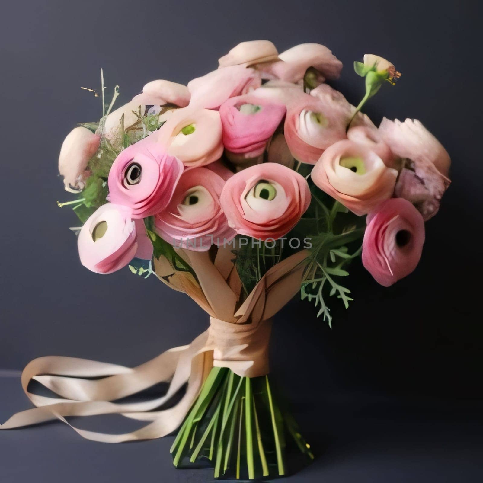 Pink bouquet of flowers decorated with a bow on a dark background. Flowering flowers, a symbol of spring, new life. A joyful time of nature waking up to life.