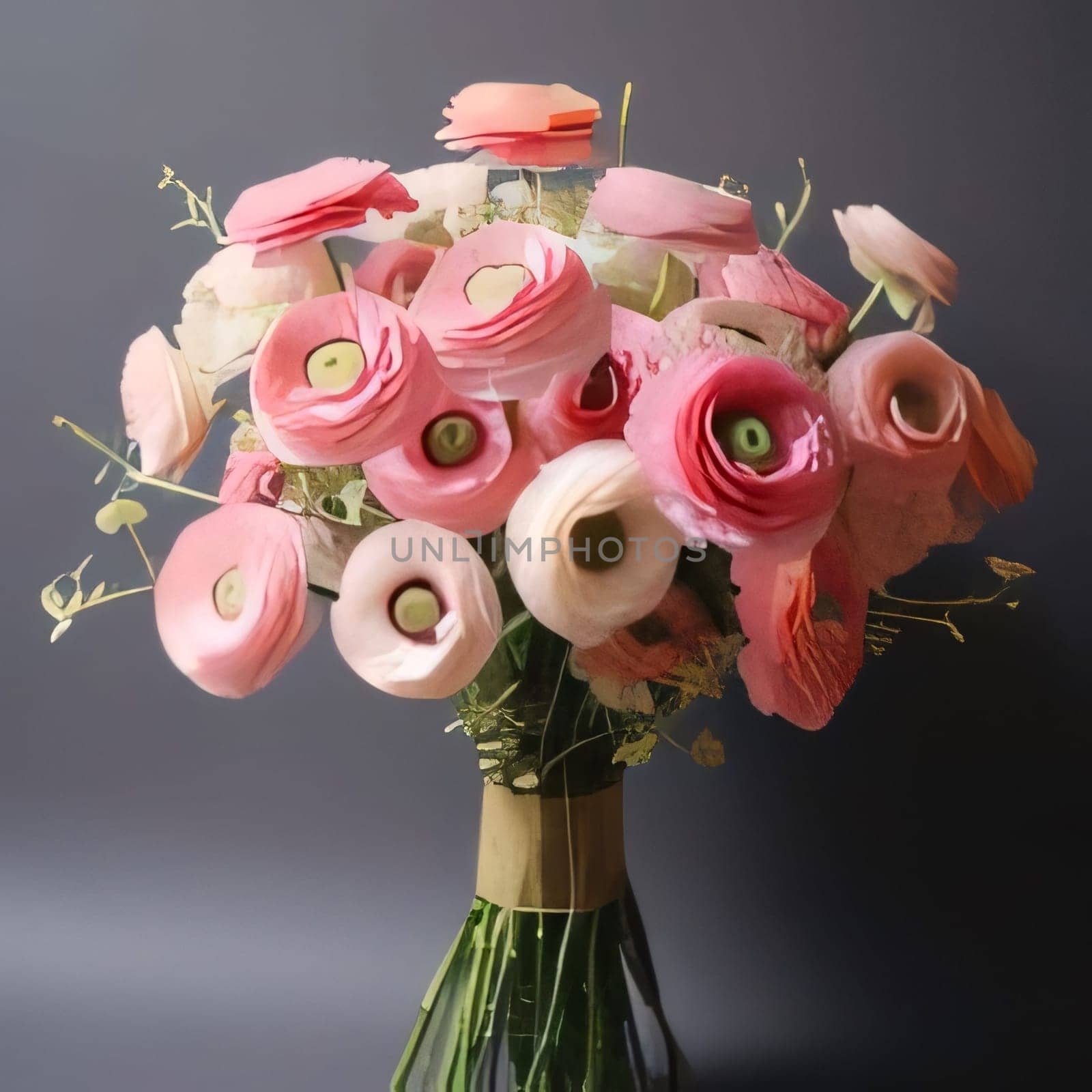 Pink bouquet of flowers decorated with a bow on a dark background. Flowering flowers, a symbol of spring, new life. A joyful time of nature waking up to life.