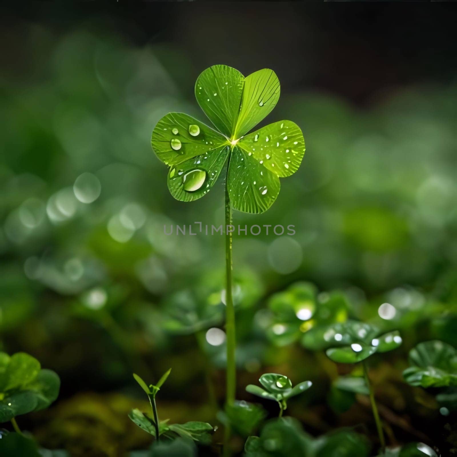 Large three-leaf green clover in a clearing with dewdrops, blurred background. The green color symbol of St. Patrick's Day. by ThemesS