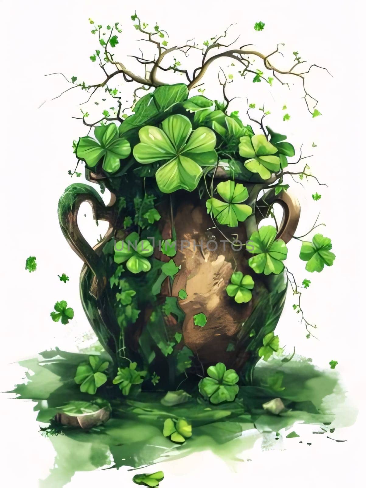 Drawing painted with paint, watercolor jug full of green clovers, twigs, white isolated background. Green four-leaf clover symbol of St. Patrick's Day. Happy time of celebration in green color.