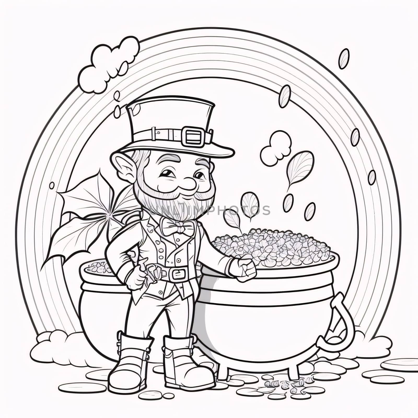Black and White coloring sheet; leprechaun and a jug full of gold coins rainbow with clouds in the background.Green color symbol of St. Patrick's Day.A joyous time of celebration in green color.