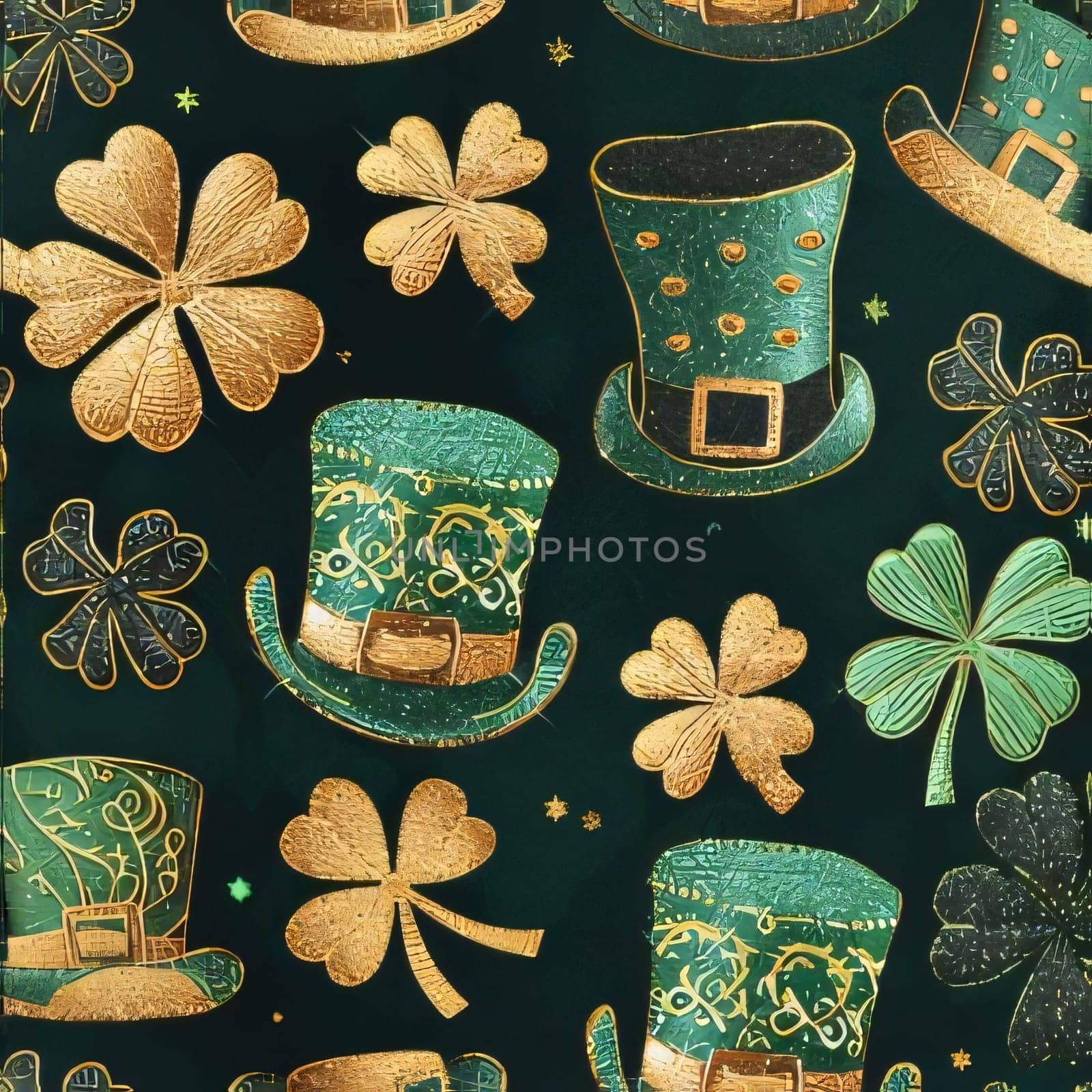 Elegant and modern. Green hats and clovers as abstract background, wallpaper, banner, texture design with pattern - vector. Green colors.