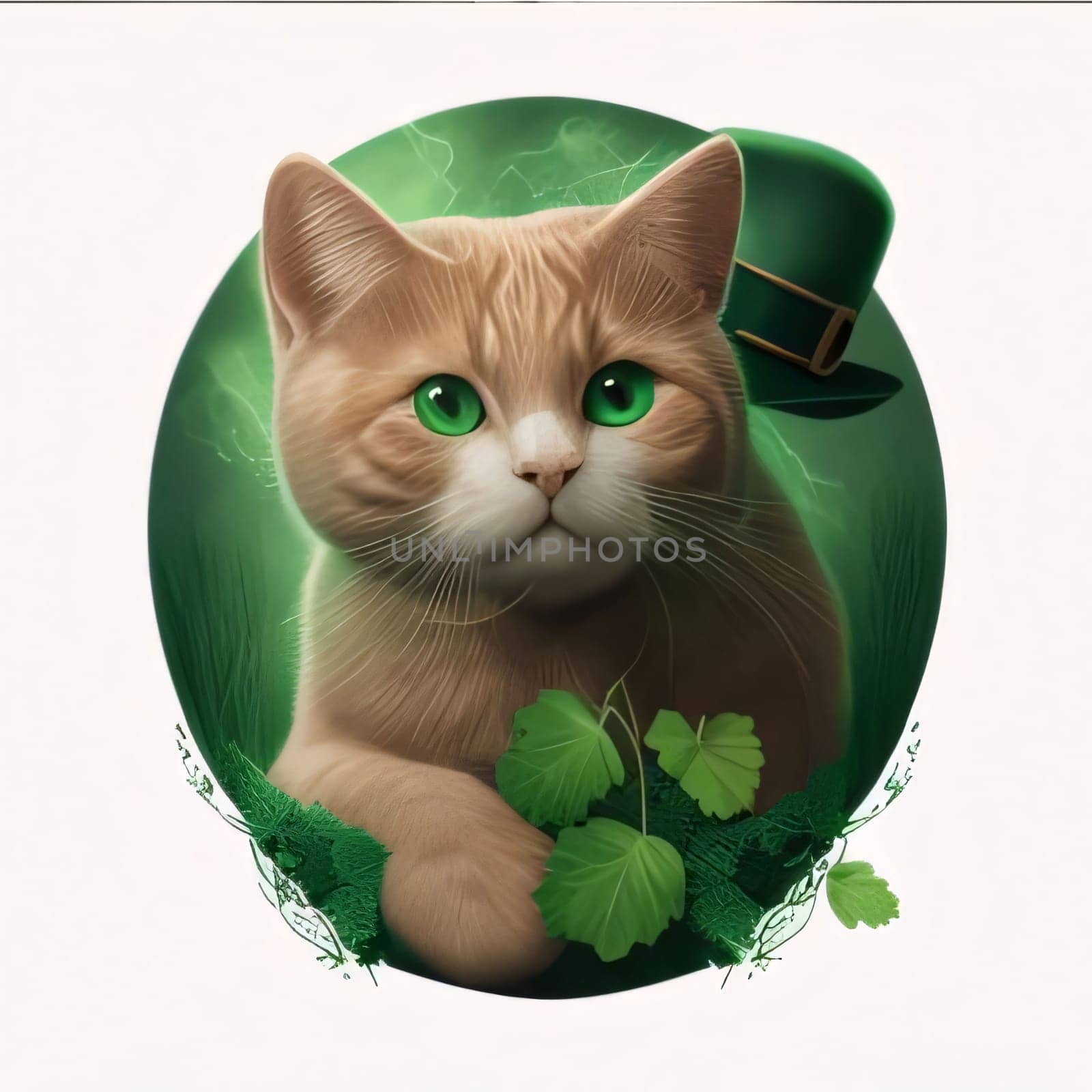 Small kitty in a circle with a green hat and Green leaves white background. Green color symbol of St. Patrick's Day. A joyous time of celebration in green color.