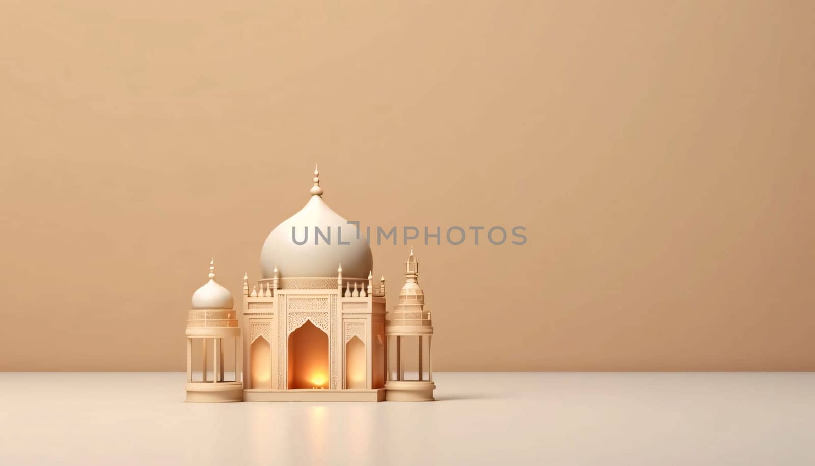 Burning golden mosque-looking decorated lanterns on bright background with bokeh effect. Lantern as a symbol of Ramadan for Muslims, banner with space for your own content. Blank field for the inscription.