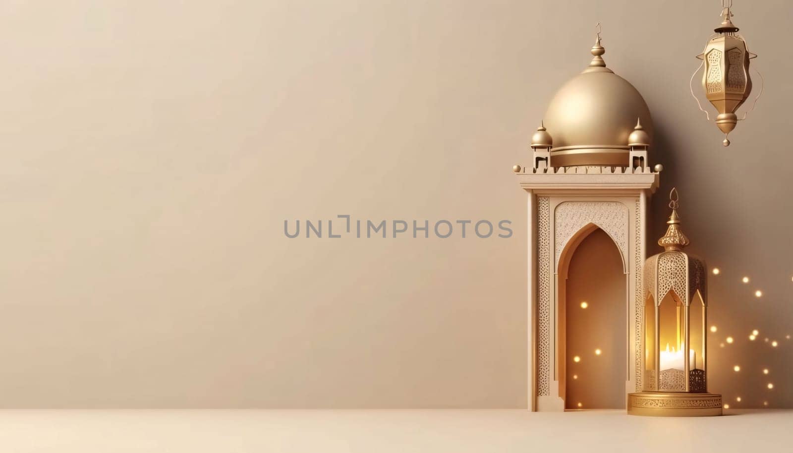 Burning golden mosque-looking decorated lanterns on bright background with bokeh effect. Lantern as a symbol of Ramadan for Muslims, banner with space for your own content. Blank field for the inscription.