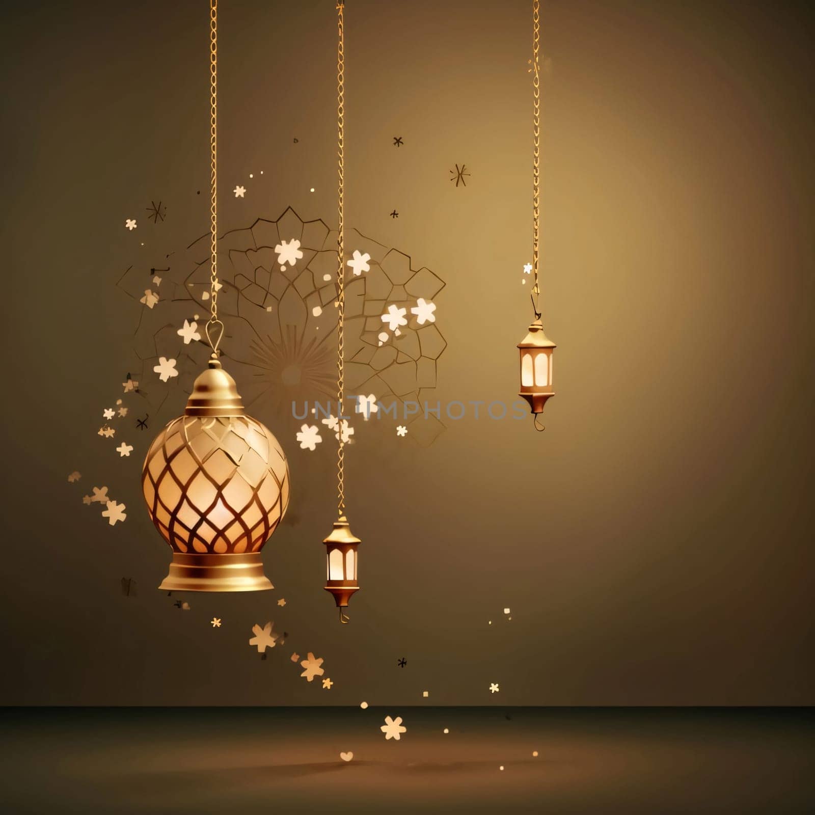 Hanging on a string of glowing lanterns, a crescent moon and stars on a dark background. Lantern as a symbol of Ramadan for Muslims, banner with space for your own content. Blank field for the inscription.