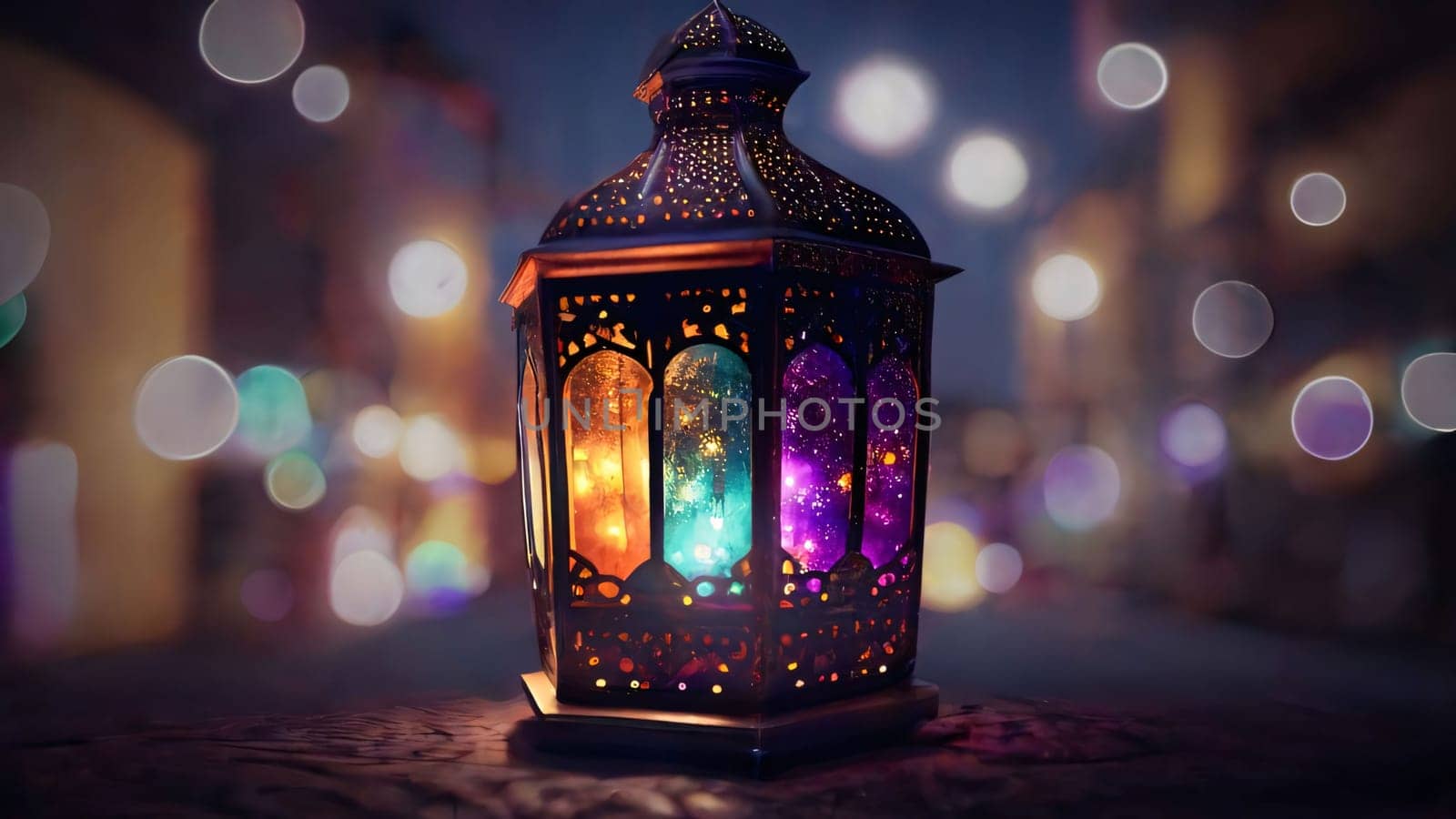 Decorated metal lantern of color, glowing on a smudged background. Lantern as a symbol of Ramadan for Muslims. A time to meet with God.