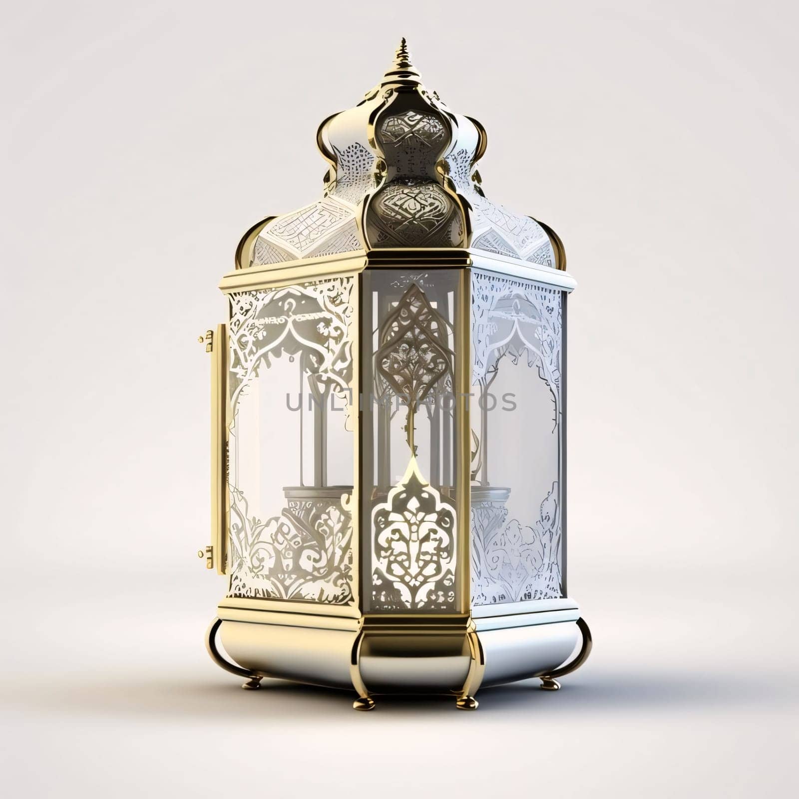 Decorated glazed lantern on a light background. Lantern as a symbol of Ramadan for Muslims. A time to meet with God.
