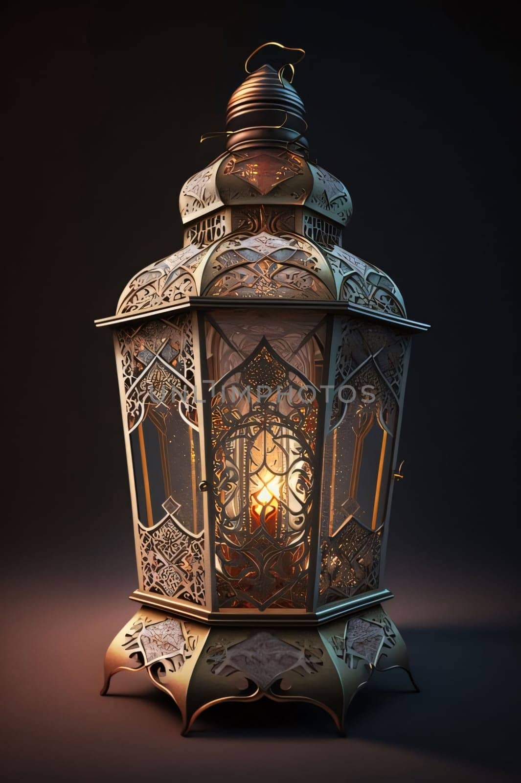 Gold, richly decorated lantern with candle, dark background. Lantern as a symbol of Ramadan for Muslims. A time to meet with God.