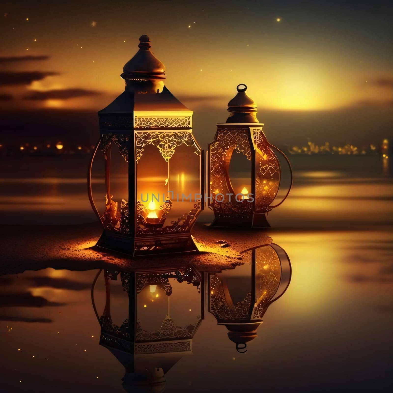 Two lanterns on the sand by the water at sunset. Lantern as a symbol of Ramadan for Muslims. A time to meet with God.