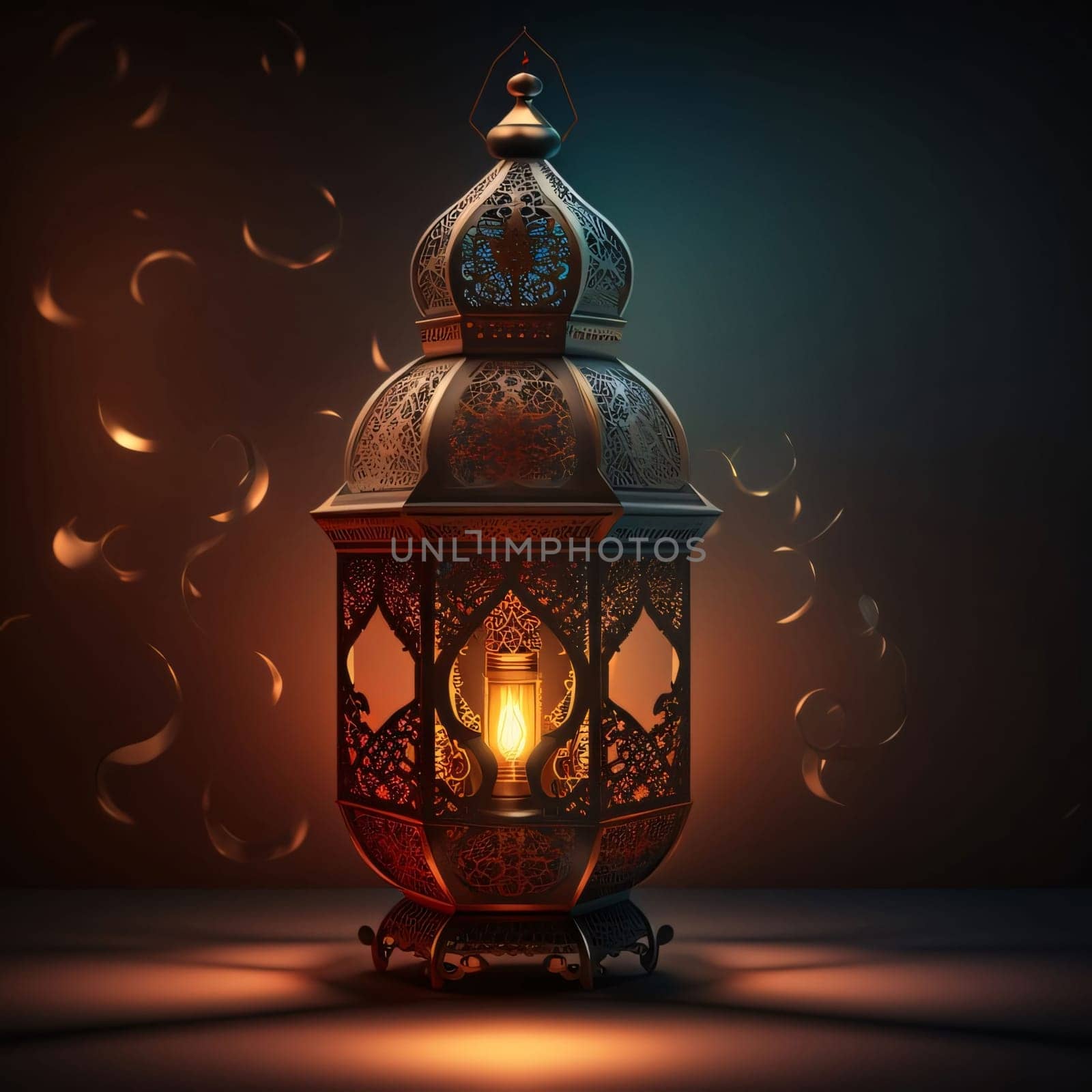 Burning gold decorated lantern on a red background. Lantern as a symbol of Ramadan for Muslims. A time to meet with God.
