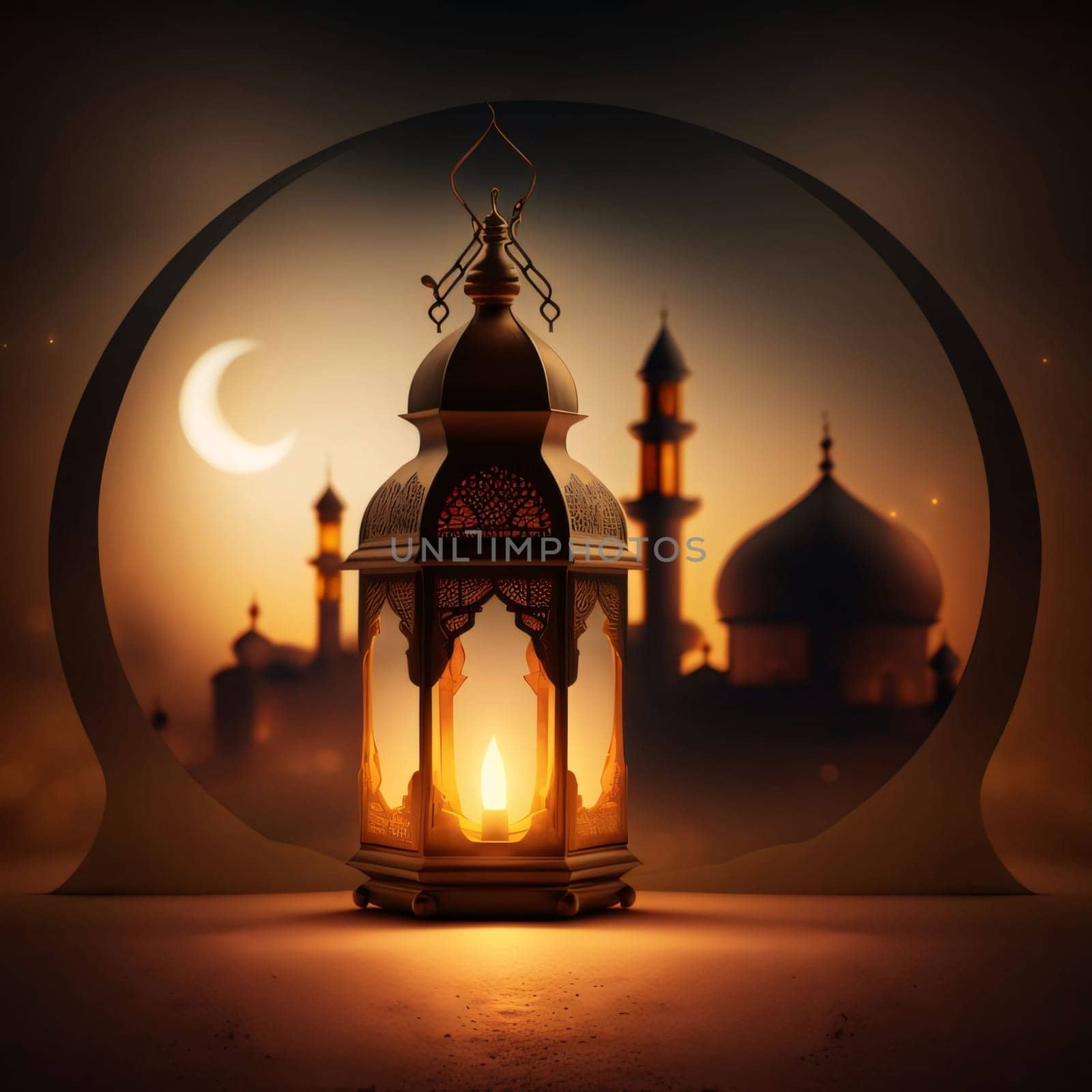 Burning lantern in the background of the mosque building and the Crescent Moon in the sky. Lantern as a symbol of Ramadan for Muslims. A time to meet with God.