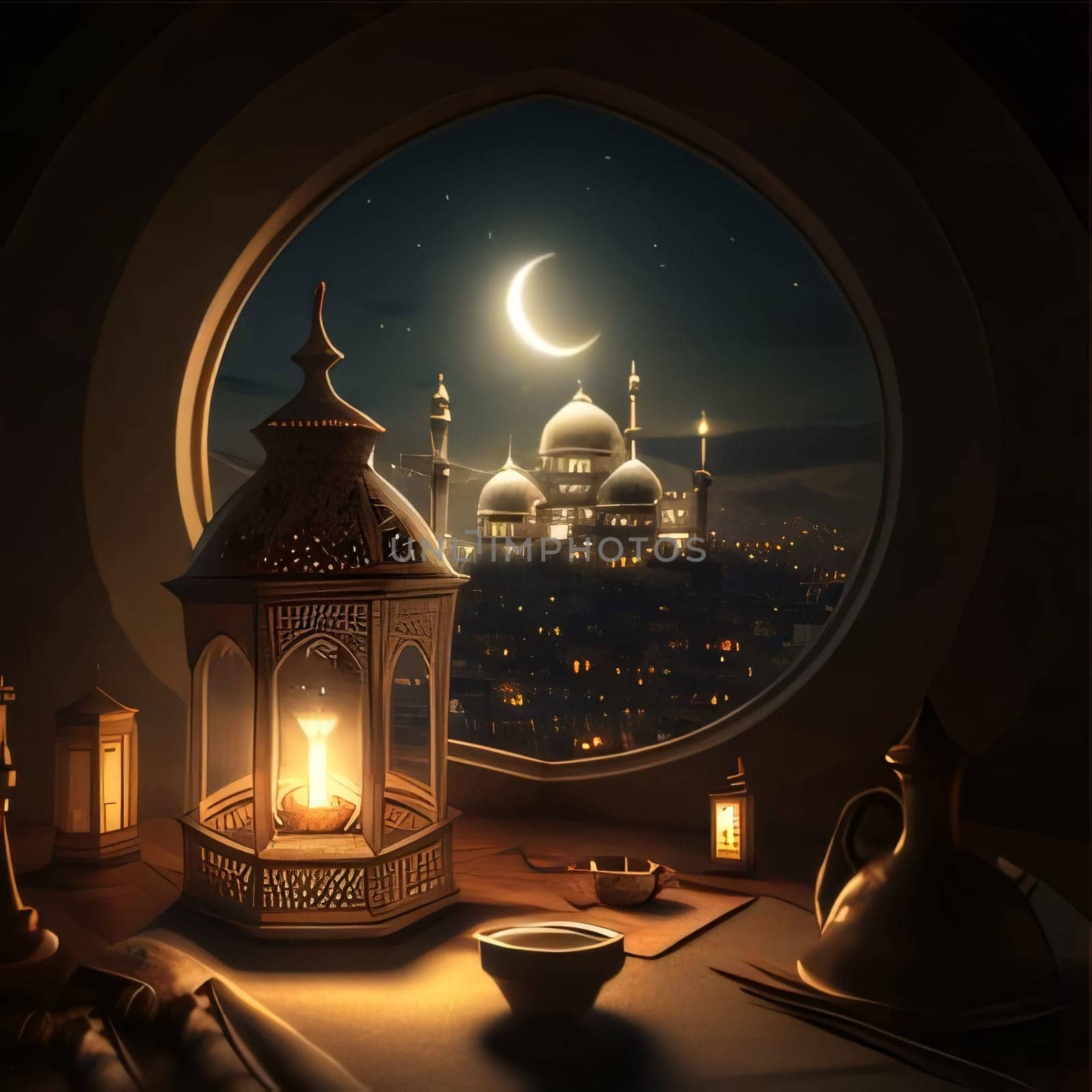 A burning lantern in a round window overlooking the mosque building and the Crescent Moon in the sky. Lantern as a symbol of Ramadan for Muslims. A time to meet with God.