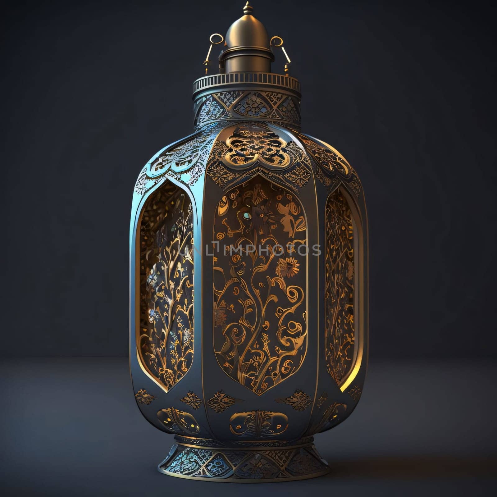 Gold decorated lantern on a dark background. Lantern as a symbol of Ramadan for Muslims. A time to meet with God.