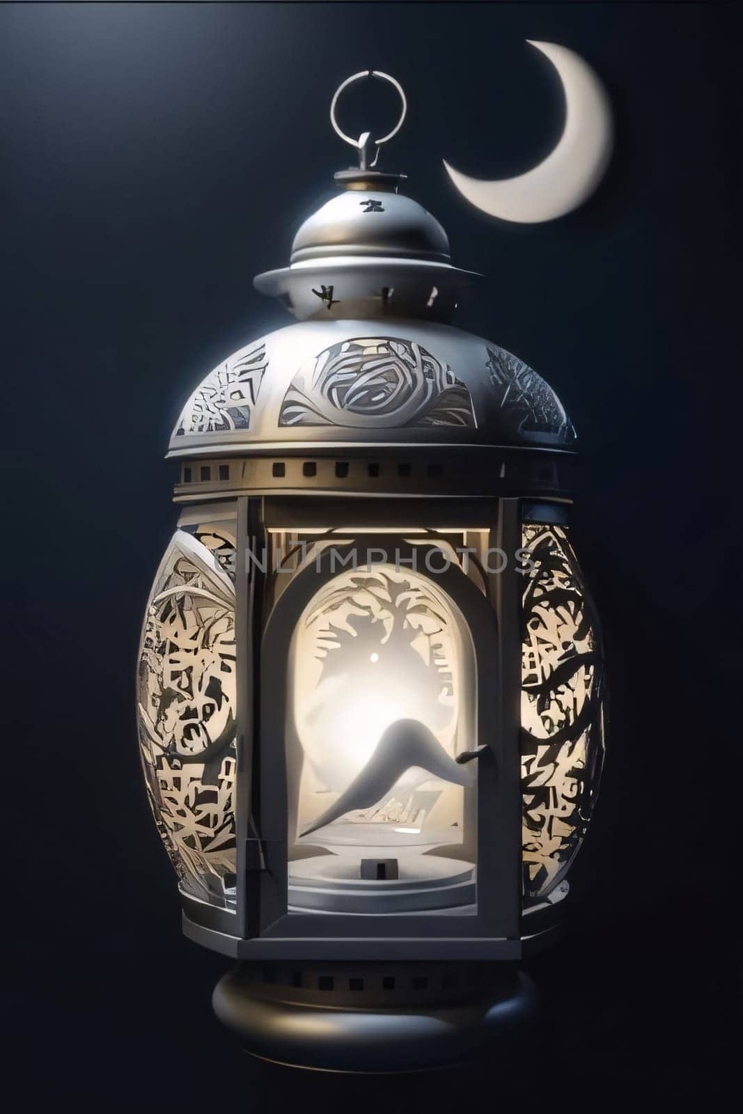 Lantern, illustration, concept with close up of rich door decoration and Crescent Moon in the background. Lantern as a symbol of Ramadan for Muslims. A time to meet with God.