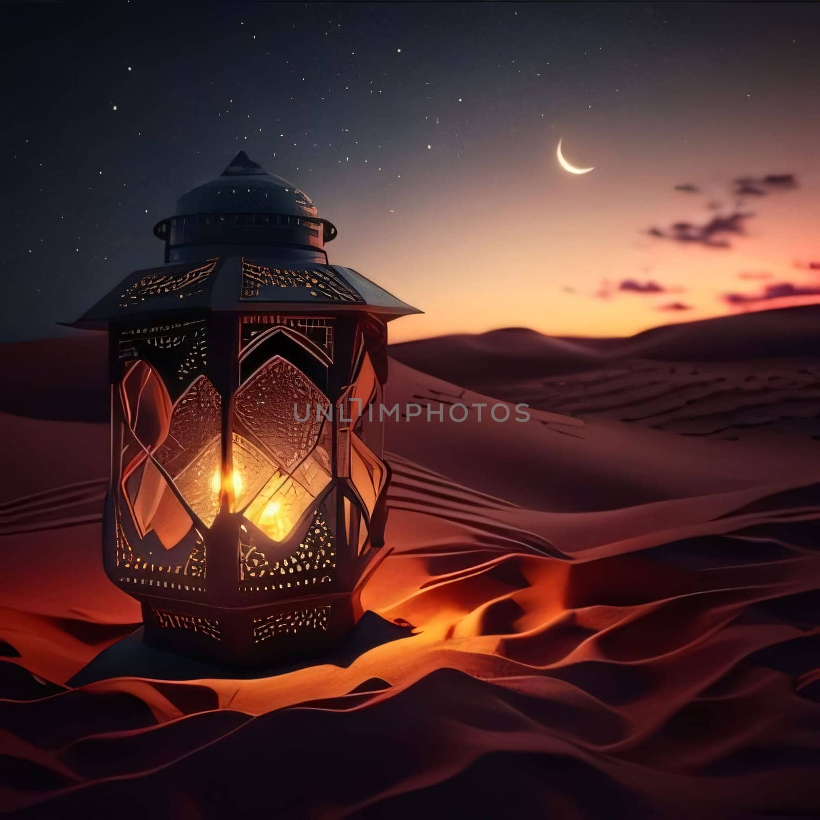 Burning decorated lantern on the sands of the desert at sunset in the sky of the Crescent star. Lantern as a symbol of Ramadan for Muslims. A time to meet with God.