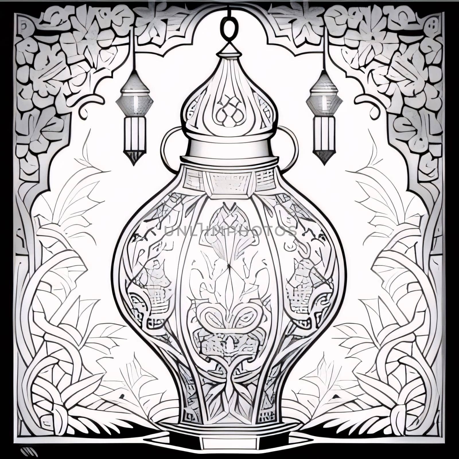 Black and white coloring sheet, richly decorated lantern. Lantern as a symbol of Ramadan for Muslims. A time to meet with God.