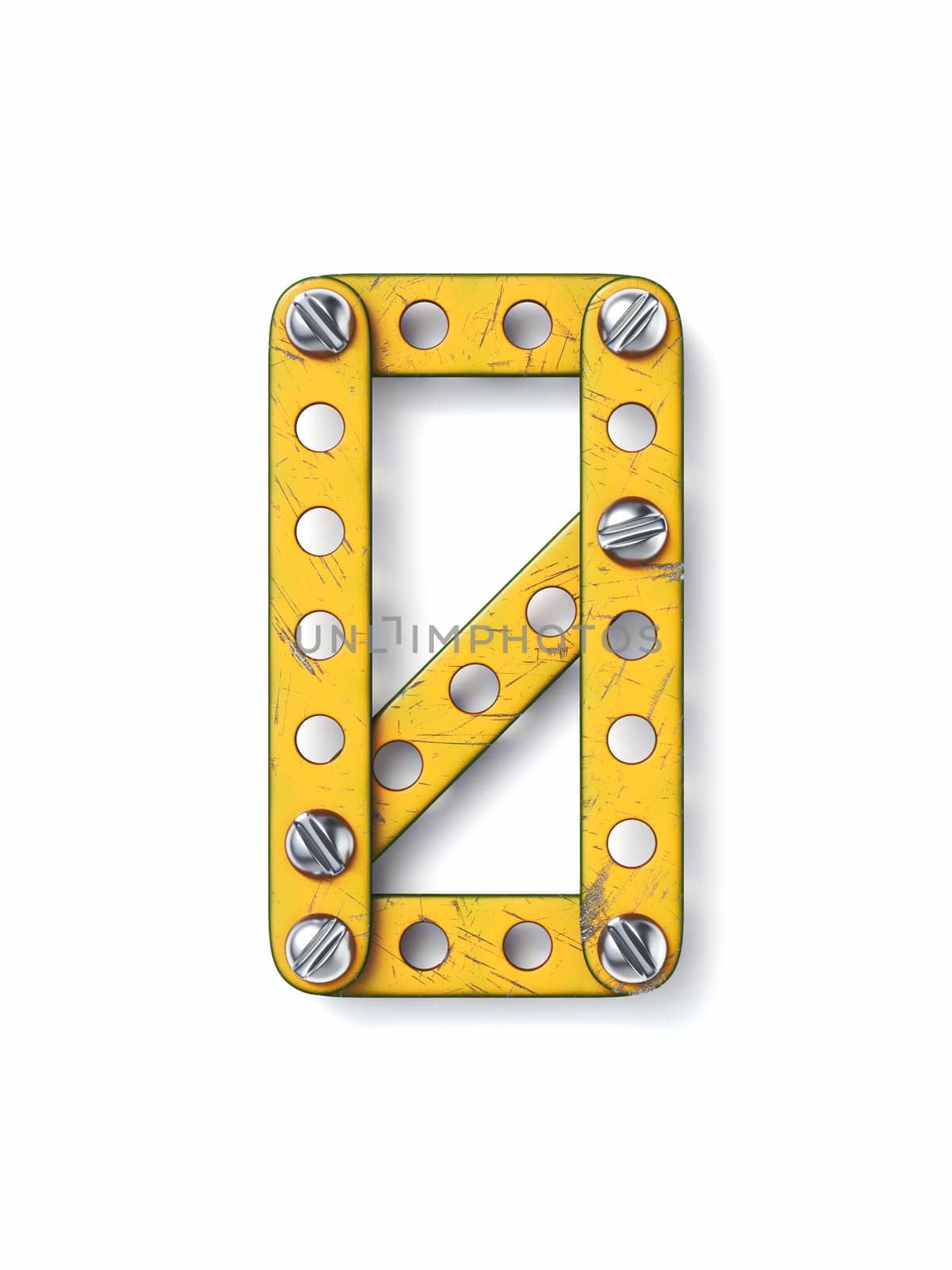 Aged yellow constructor font Number 0 ZERO 3D rendering illustration isolated on white background