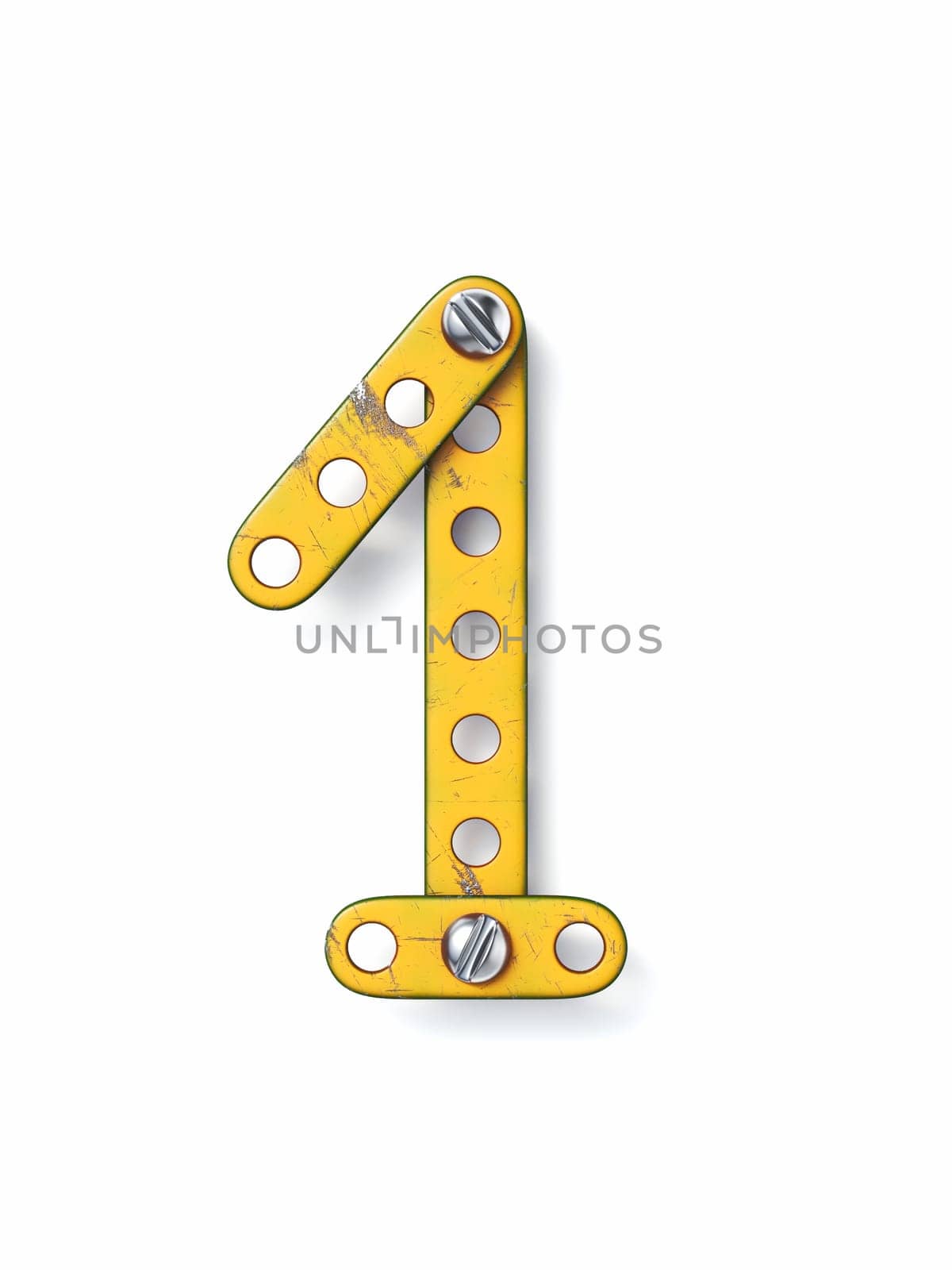 Aged yellow constructor font Number 1 ONE 3D rendering illustration isolated on white background