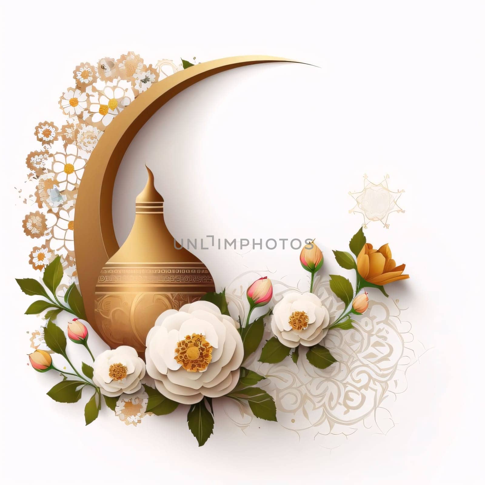 Gold Crescent decorated with white flowers with leaves white background. Lantern as a symbol of Ramadan for Muslims. A time to meet with God.