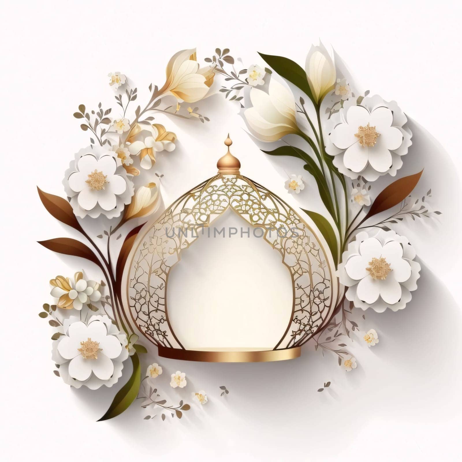 Gold crown decorated with white flowers and leaves white background. Lantern as a symbol of Ramadan for Muslims. A time to meet with God.