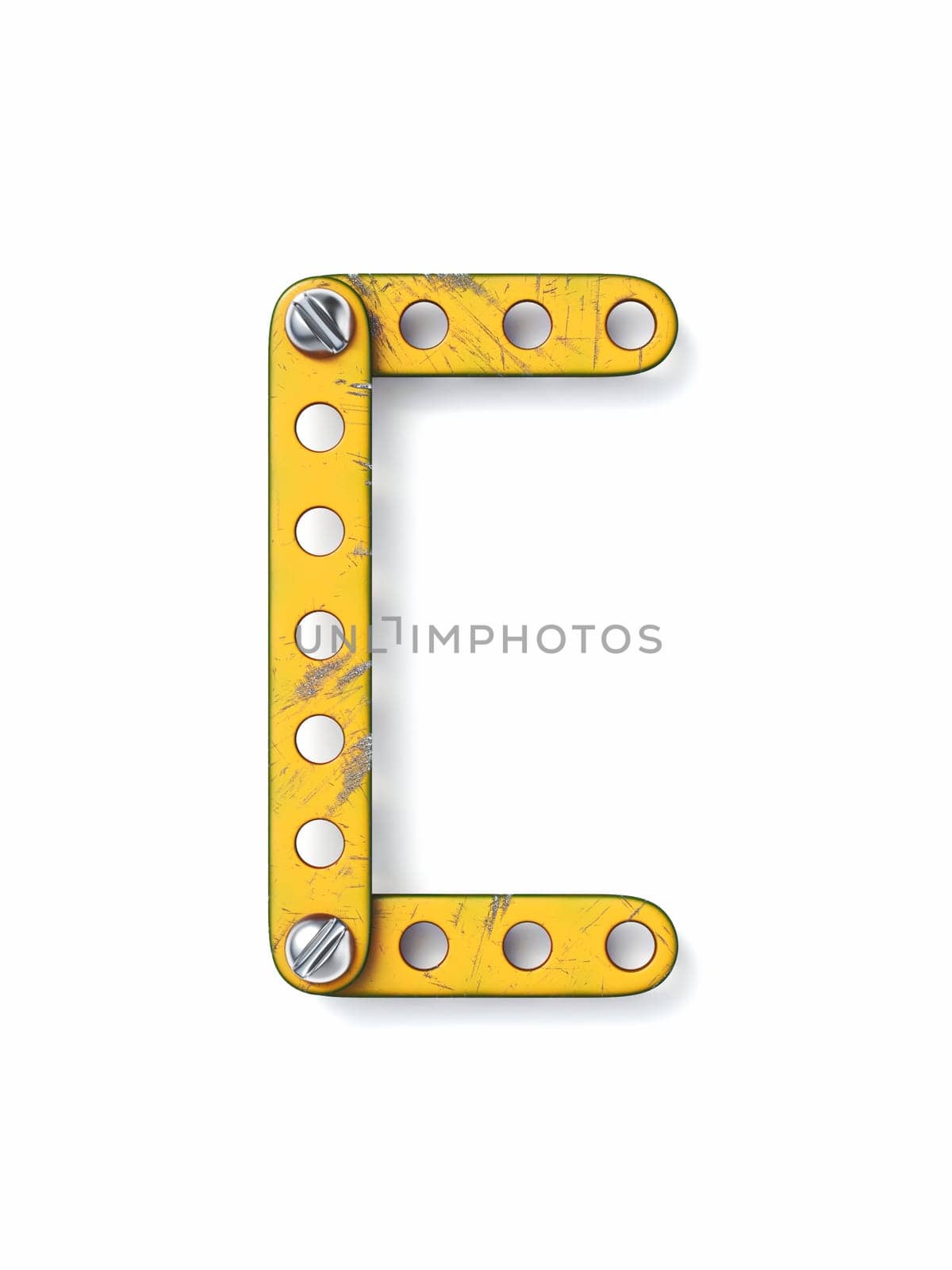 Aged yellow constructor font Letter C 3D rendering illustration isolated on white background