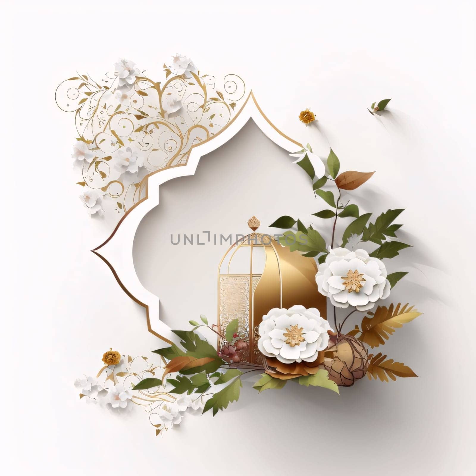 Gold crown decorated with white flowers and leaves white background. Lantern as a symbol of Ramadan for Muslims. by ThemesS