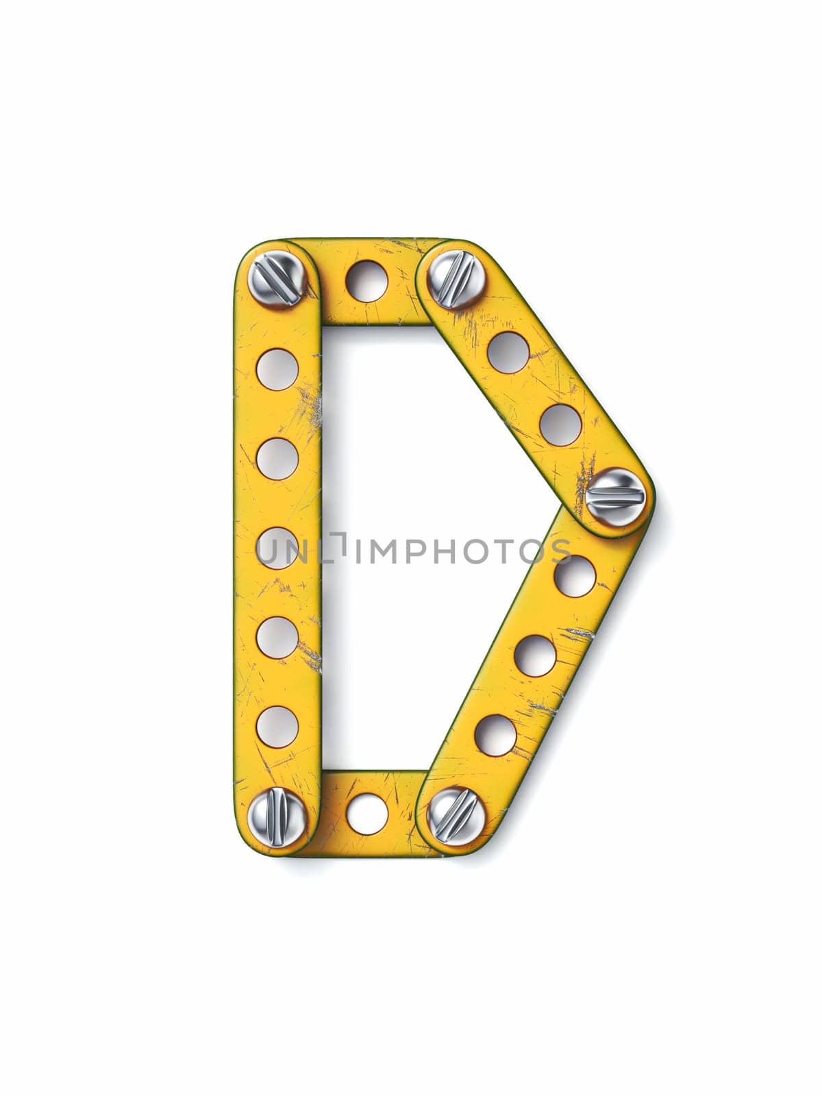Aged yellow constructor font Letter D 3D rendering illustration isolated on white background