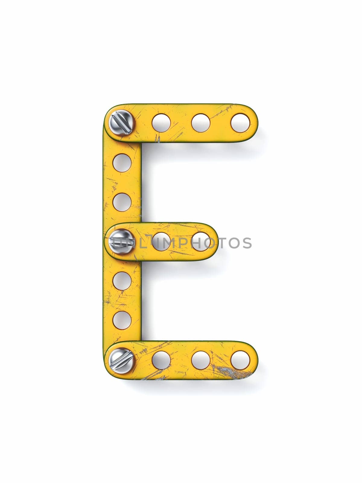Aged yellow constructor font Letter E 3D rendering illustration isolated on white background