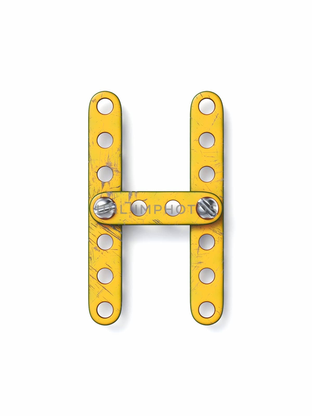 Aged yellow constructor font Letter H 3D rendering illustration isolated on white background
