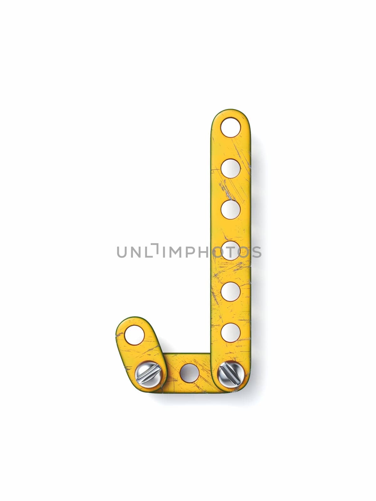 Aged yellow constructor font Letter J 3D rendering illustration isolated on white background