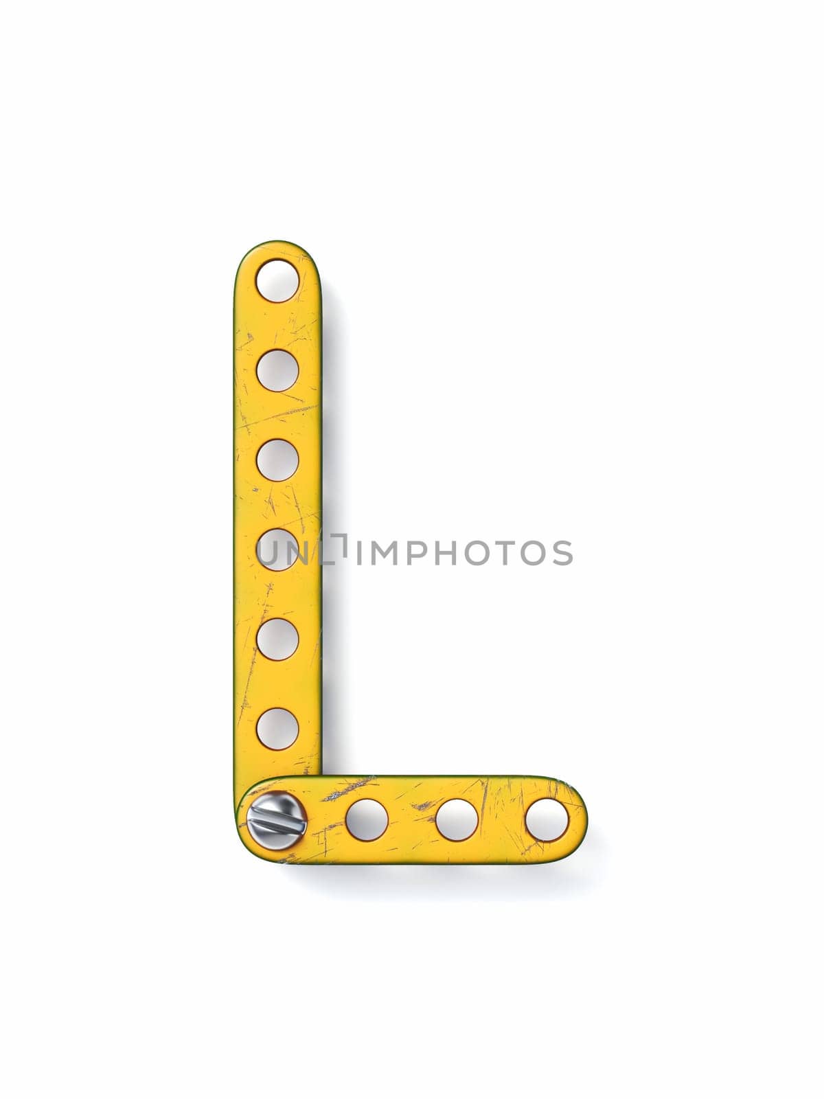 Aged yellow constructor font Letter L 3D rendering illustration isolated on white background