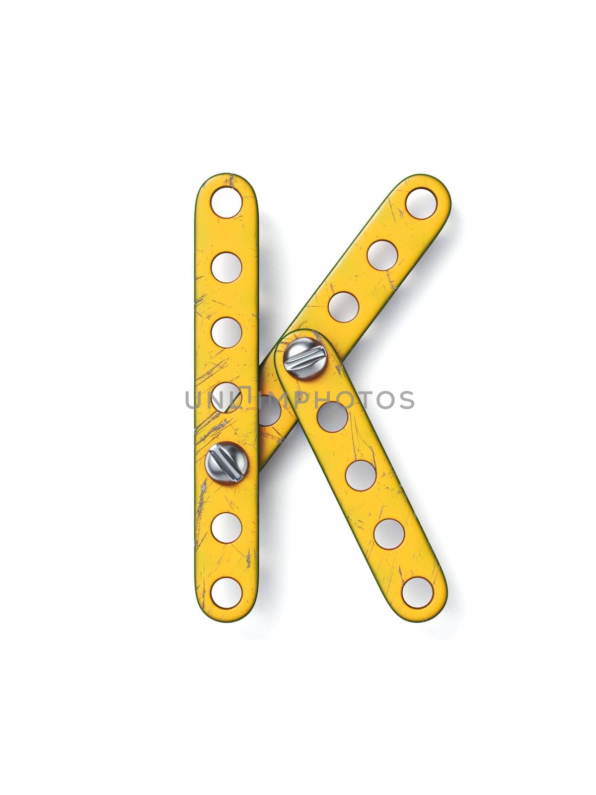 Aged yellow constructor font Letter K 3D rendering illustration isolated on white background