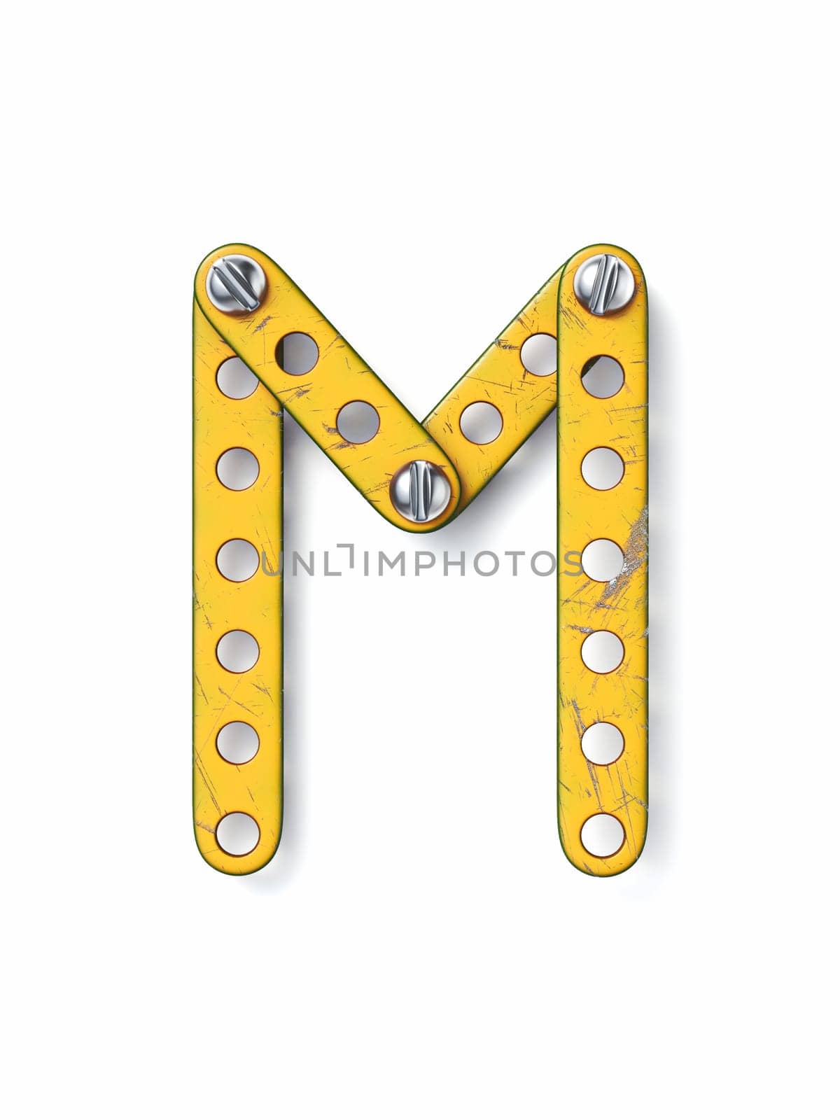 Aged yellow constructor font Letter M 3D rendering illustration isolated on white background
