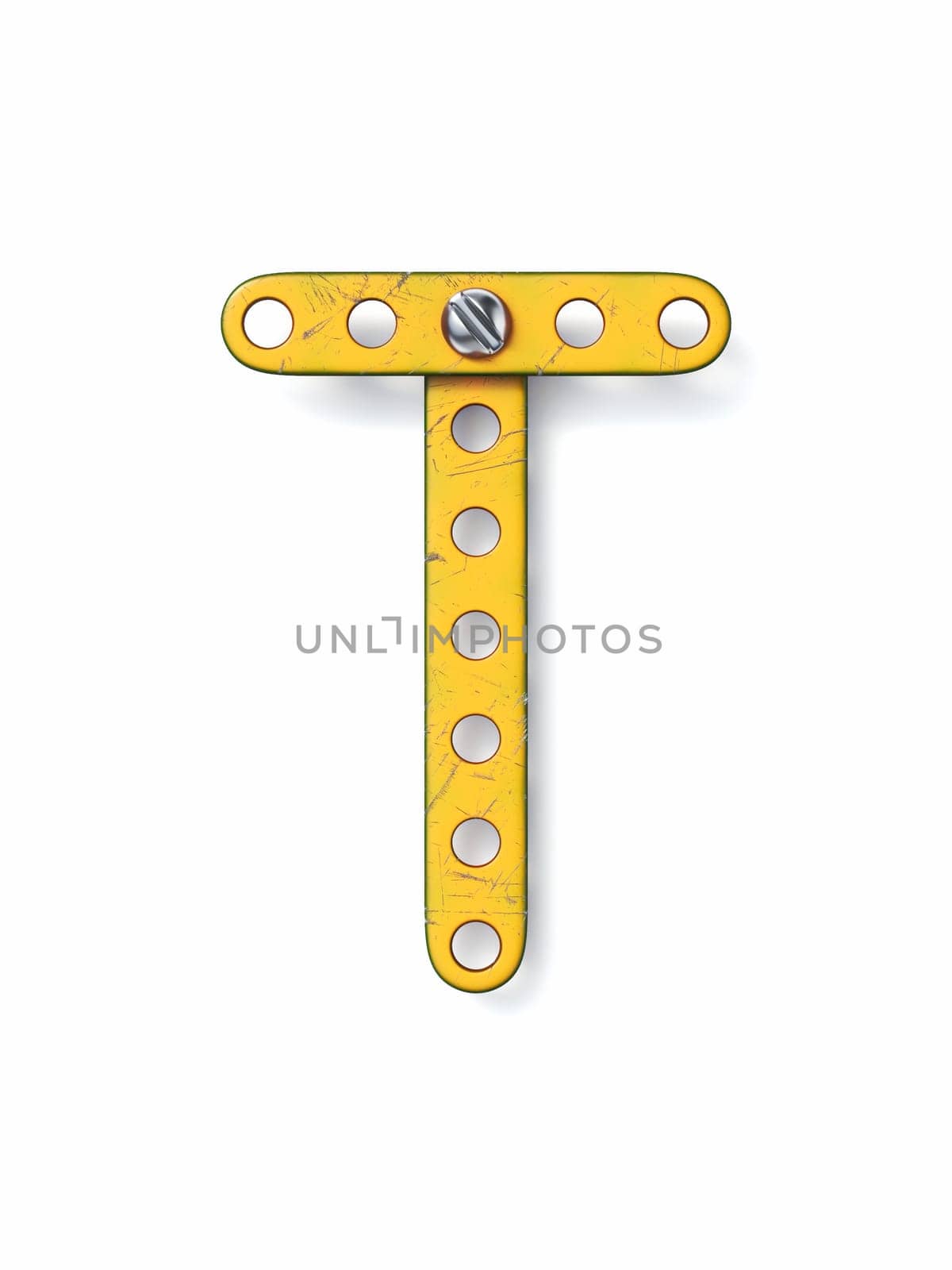 Aged yellow constructor font Letter T 3D rendering illustration isolated on white background