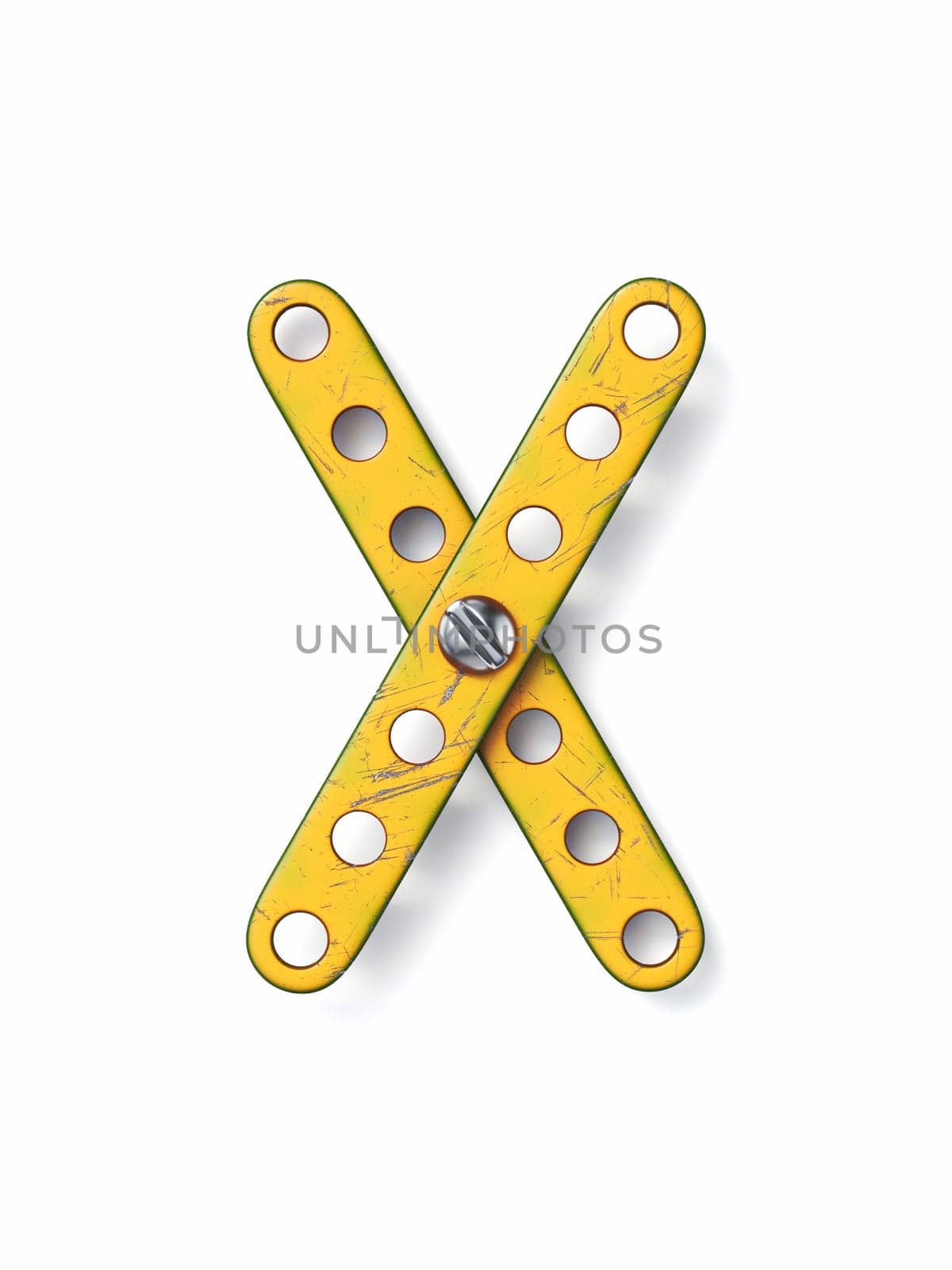 Aged yellow constructor font Letter X 3D rendering illustration isolated on white background