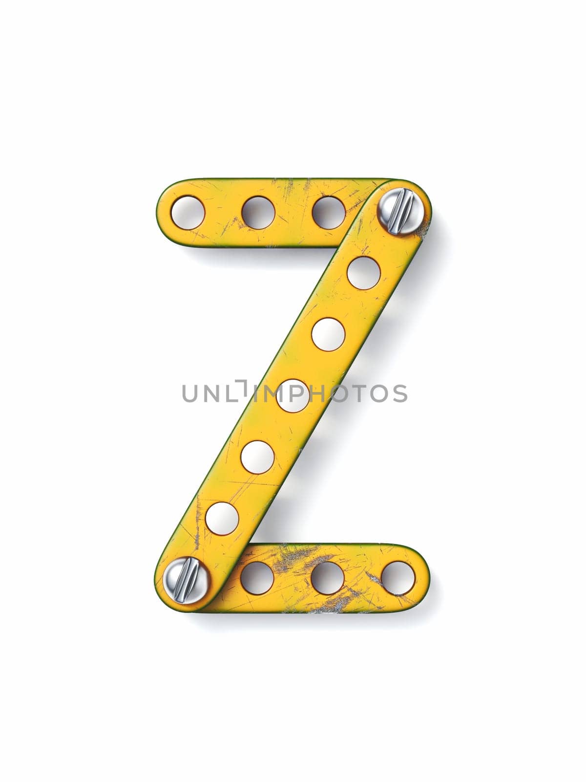 Aged yellow constructor font Letter Z 3D rendering illustration isolated on white background