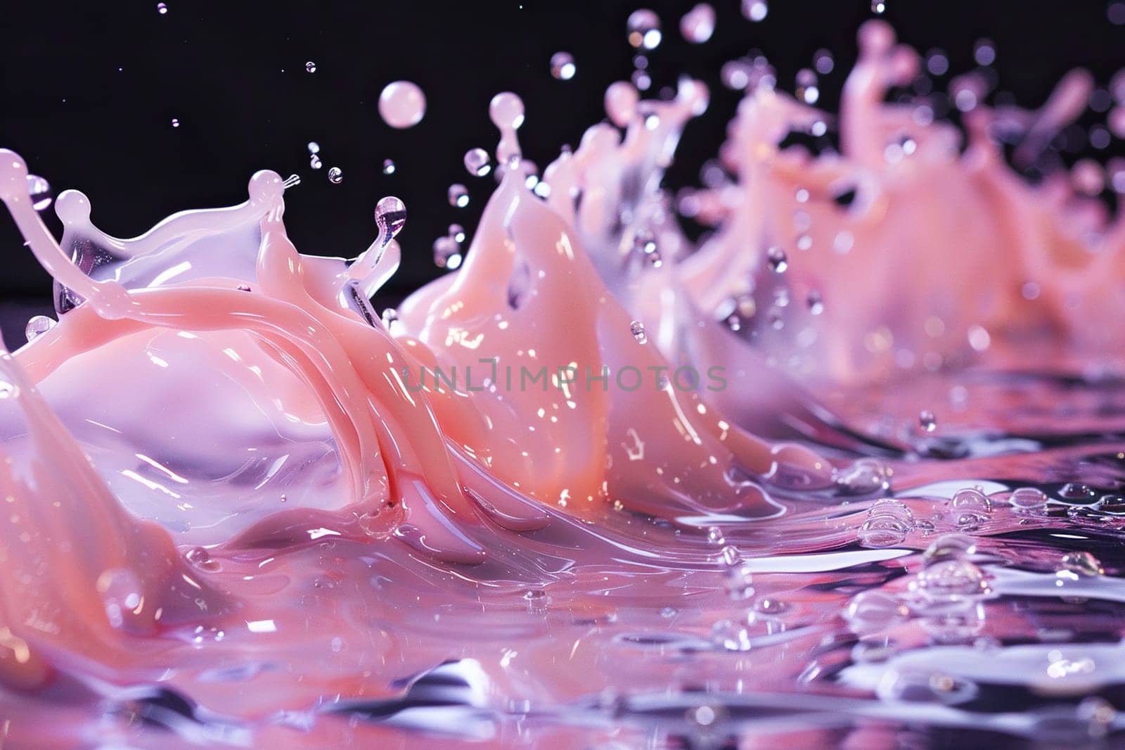 Splash of pink liquid on a black background. Abstract background of liquid in motion. Generated by artificial intelligence by Vovmar